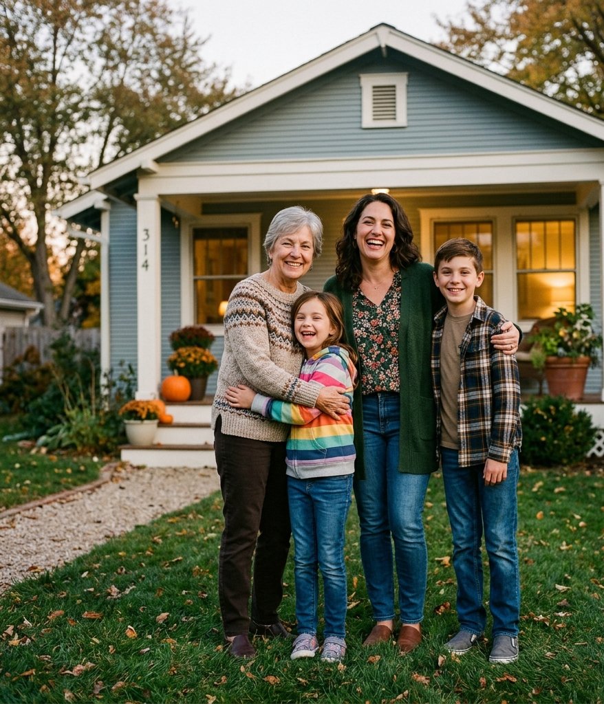 The Rodriguez family in front of their home at golden hour