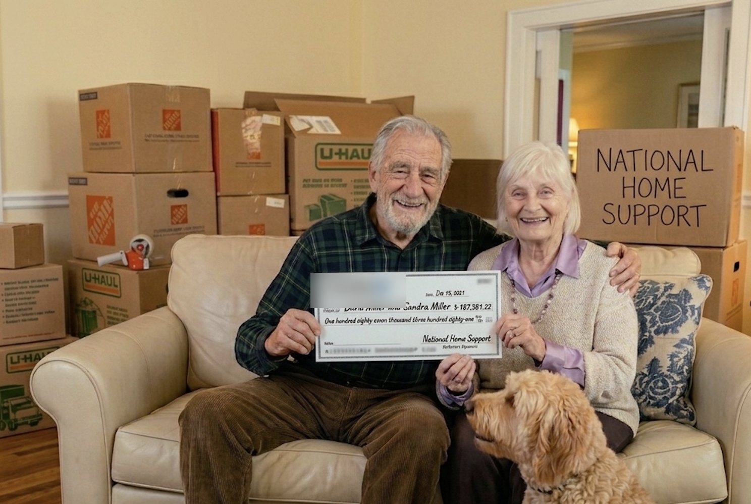 David and Sandra holding their check from National Home Support on moving day