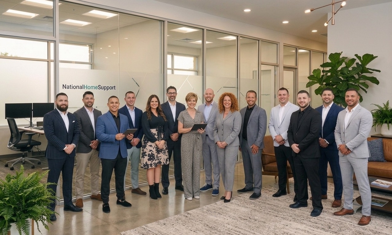 The National Home Support team inside our office, with the company sign on the wall